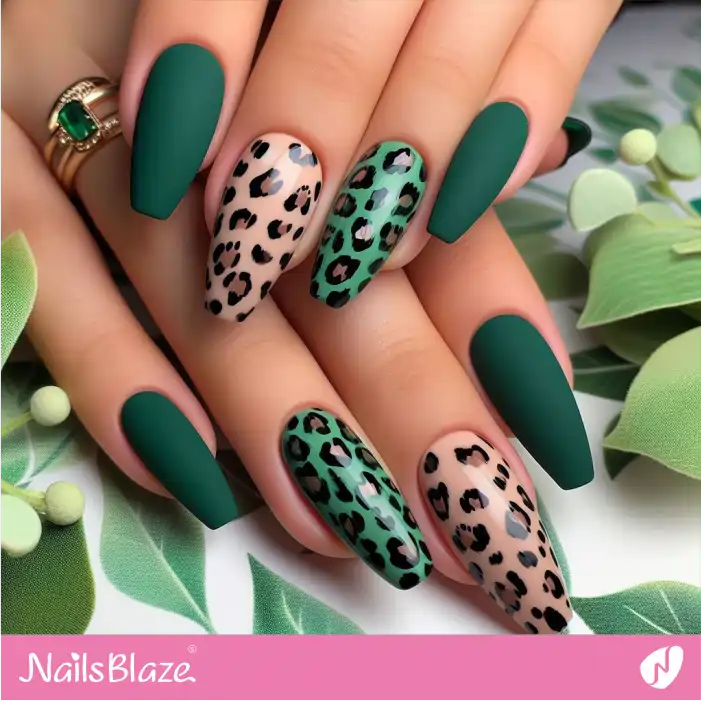 Nude and Green Ballerina Nails with Leopard Print Design | Animal Print Nails - NB2604